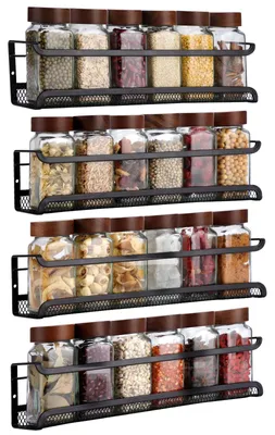 Produktbild von Gewürzregal-Set, 4-teilig, schwarz – Metall mit Drahtgittereinsatz – kein Bohren erforderlich (Klebestreifen und Schrauben) – für Küche, Schranktür, Badezimmer – 29 x 7 x 7 cm – rostfrei und stilvoll