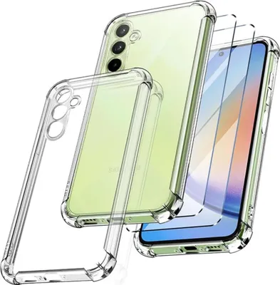 A clear protective case and screen protectors for a smartphone are displayed.