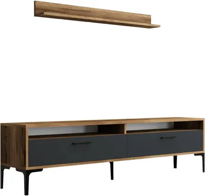 Produktbild von Wohnzimmermöbel Dkatseri, Modulares Wohnzimmerset, Mehrzweck-Wohnzimmermöbel, Moderner TV-Schrank, 180x35h47 cm, Walnuss und Anthrazit