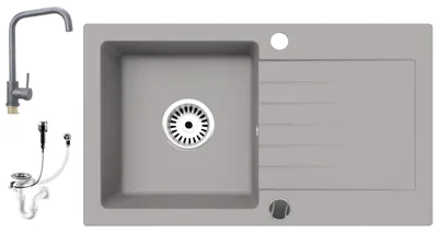 Produktbild von [Granitspüle 76x44 in verschiedenen Farben+ Armatur Steel] Hochwertig beidseitig Montierbar Küchenspüle Eckig Einbaugranitspüle Granit Spülbecken f. Unterschränke ab 45 cm inkl.Siphon Set, Farben:Grau Granit mit Armatur
