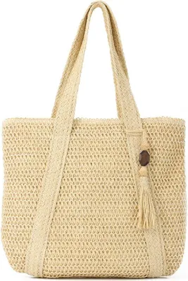 Produktbild von Unyqoos®️ Stro Schultertasche für Damen - Modisch und Gewebt - Große Strandtasche - Shopper - Beige - 42cm x 37cm x 4cm