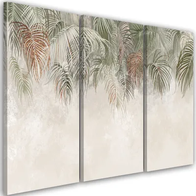 Produktbild von Triptychon auf leinwand palmenblätter 60x40 cm Feeby beige wandbild bereit zum aufhängen