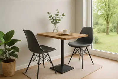 Produktbild von Tischgruppe 3tlg. Bistrotisch 80 x 60 cm Baumkante massiv Mangoholz natur Säulengestell schwarz INES