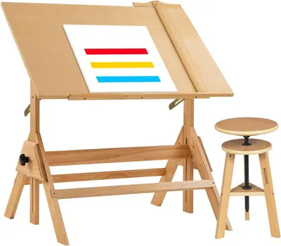 Immagine prodotto di Tavolo da disegno in legno con sgabello - Tavolo da disegno - Scrivania da disegno - Set tavolo da disegno - Postazione di lavoro