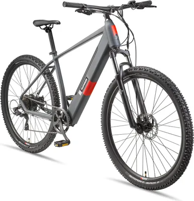 A studio shot of a grey electric mountain bike against a white background.