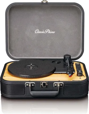 A retro-style turntable is shown open, with the lid lifted.