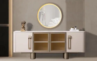 Image de Buffet moderne blanc avec façades en verre et poignées dorées