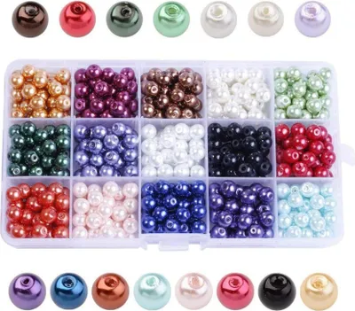 Zdjęcie produktu dla Zestaw koralików - szklane koraliki 8 mm, 15 kolorów, 510 sztuk, 391 g, 17,2 x 10 x 2,2 cm