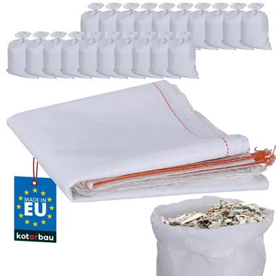 A stack of white woven bags and a group of tied white bags, with a small inset image of a bag filled with debris.