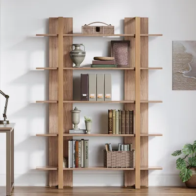 Imagen del producto de Estantería industrial de 5 niveles y separador de ambientes, con estantes de MDF de color marrón retro y estructura de metal
