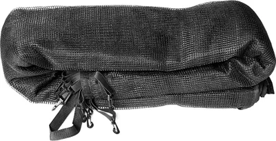 A folded black trampoline safety net with attachment clips.