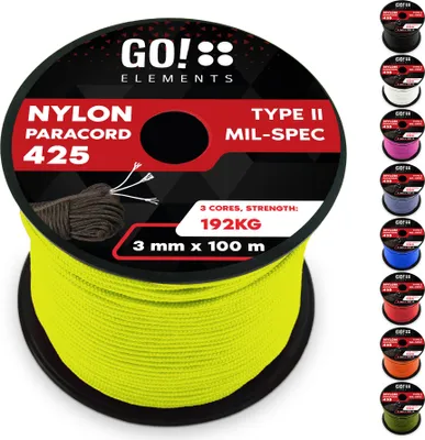Produktbild von GO!elements 100m Paracord Seil aus reißfestem Nylon - 3mm Paracord 425 Typ II max. 192kg - Schnüre als Outdoor Seil, Allzweckseil, Survival Seil, Armband, Hundeleine, Nylonschnur, Farbe: Neon