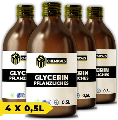 Produktbild von MRM CHEMICALS Pflanzliches Glycerin 99,5% 0,5L Glasflasche Rein Pharma- und Lebensmittelqualität für Desinfektion Kosmetik, Glyzerin Transparent x4