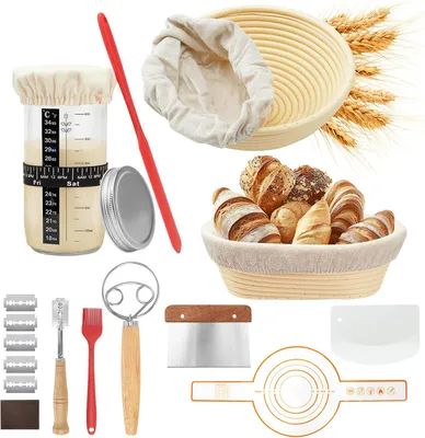 Produktbild von Gärkorb brot Set 10-Teiliges,Sauerteig Starter Set - Inkl. 2 brot Gärkörbchen(23cm Runde und 25cm Ovale),730ml Gärglas, brot backen zubehör-Komplettse