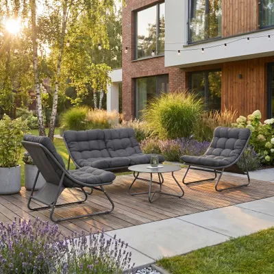 Produktbild von BEAUTYSOFA | SOLARO Gartenmöbel Set Dunkelgrau – Lounge Set mit 2-Sitzer Sofa, 2 Sesseln & Couchtisch, Terrassenmöbel, Outdoor Lounge, Stahlgestell