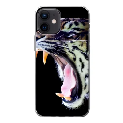 Produktbild von MuchoWow® Handyhülle Schutzhülle Hülle für iPhone 12 Brüllender Tiger auf schwarzem Hintergrund Silikon Softcase Handy Hülle