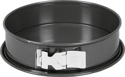 A round springform cake pan with a removable bottom and a latch mechanism.