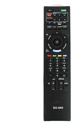 A black remote control is shown against a white background.