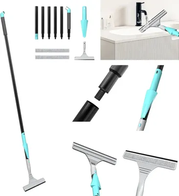 Image de Extracteur à eau et mop en microfibre 2-en-1 - Manche long - Réglable en hauteur de 24 à 154 cm - Extracteur en caoutchouc - Pour sols et murs