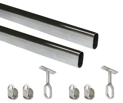 Produktbild von Emuca Satz von 2 ovale Korpusschienen 30x15mm Länge 1,15m mit Halterungen, Stahl und Zamak, Verchromt