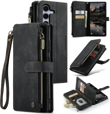 Obrázek produktu pro Pro Samsung Galaxy S25 5G CaseMe Syntetická kůže Multifunkční peněženkové pouzdro na zip Black