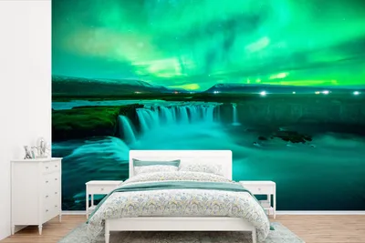 Produktbild von MuchoWow® Fototapete für Wohnzimmer oder Schlafzimmer Wandtapete Vinyl Motivtapete Wasserfall - Island - Nordlichter - 525x350 cm - Das Hintergrundbild