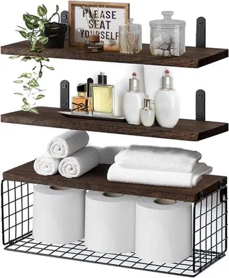 Productafbeelding van Unyqoos® zwevende wandplank voor badkamer en keuken – rustieke wandplank van massief hout, 3 niveaus, zwarte draadmand, gepoedercoat, bruin, draagvermogen 5 kg