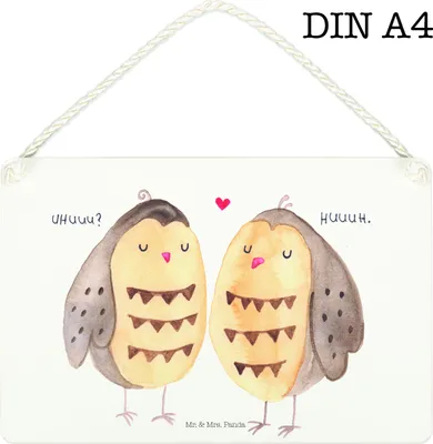 Produktbild von Mr. & Mrs. Panda Schild Eulen Liebe DIN A4 - Weiß - Geschenk, Wandbild Holz, Freundin, wandtafel, Eule, Holzschild, Deko, Pärchen, Owl, Türschild