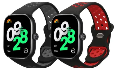 Produktbild von kwmobile 2x Uhrenarmband für Xiaomi Redmi Watch 4 Armband - Fitnesstracker Band Set aus TPU Silikon - Ersatzarmband Smartwatch - Schwarz Rot Schwarz