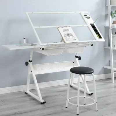 Productafbeelding van Tekenplank met stoel, verstelbare tekenplank van glas, wit