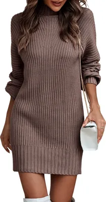 Produktbild von ASKSA Damen Strickkleid Rollkragen Pullikleid Elegant Pulloverkleid Freizeit Midikleid Tops, Braun, L