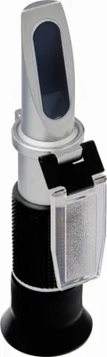 A close-up studio shot of a refractometer against a white background.