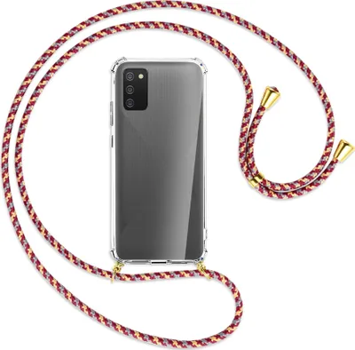 Produktbild von Handykette Backcover-Schutzhülle mit Band (Metall goldfarben) für Samsung Galaxy A02s - weinrot/gelb/grau