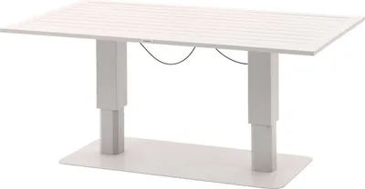 A white rectangular table with adjustable legs on a white background.
