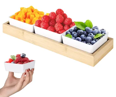 Zdjęcie produktu dla Zestaw 3 miseczek do dipów z drewnianą podstawką – idealne do serwowania przekąsek i deserów