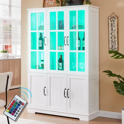 Obrázek produktu pro Skříň s vitrínou a LED osvětlením, 6 dveří, bílá, výška 180 cm