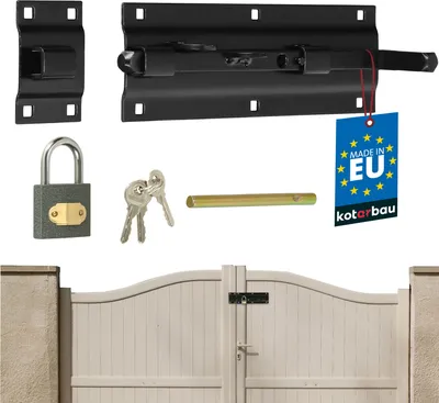 Zdjęcie produktu dla KOTARBAU® Zasuwa Garażowa Rygiel Zamknięcie Blokada Drzwi Bramy Dwustronna Lewa i Prawa Czarna Stal 290 MM Zestaw Kłódka