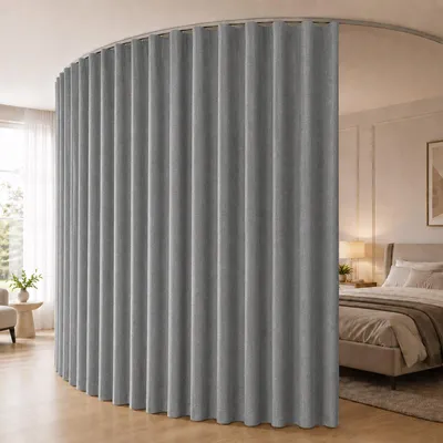 Obrázok produktu pre Záves, rozdeľovač priestoru, 254x213 cm, 100% zatemňovací záves, s volánovou páskou a ohybateľnou závesnou koľajnicou, látka odolná proti poškriabaniu, predelová záclona, nepriehľadná, sivá