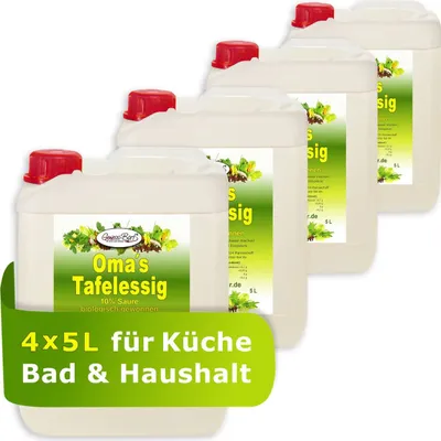 Produktbild von 4x 5L Oma`s Tafelessig 10% Säure / Geschmacks Sieger für die gute Küche / Biologisch gewonnen / Glanz im Bad / Entkalken ohne Chemie / Premium Haushaltsessig