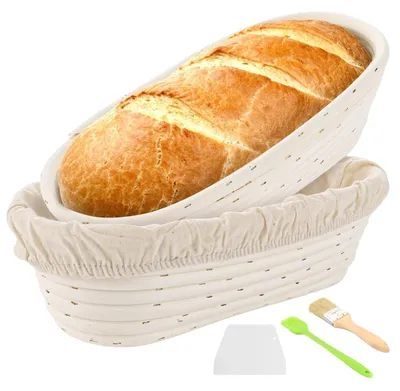 Produktbild von Brotruhestätte Set 2 Stück - Oval 30x14x7 cm - Banneton - Tuchbezüge - Teigschaber - Holzbürste - Für Sauerteigbrot Backen - Gärkorb