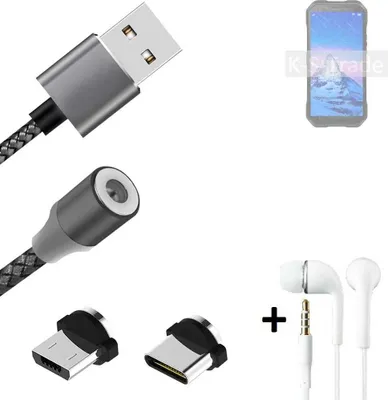 Produktbild von K-S-Trade® Hochwertiges Magnet-Lade-kabel Sync-Kabel Daten-Kabel + Kopfhörer kompatibel mit Doogee S61 Pro mit USB-Typ-C-Anschluss und