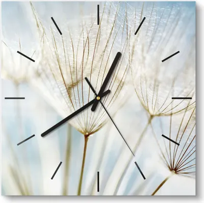 Produktbild von DEQORI Glasuhr 30x30 cm Modern 'Löwenzahnsamen nah' Wanduhr Glas Uhr Design leise