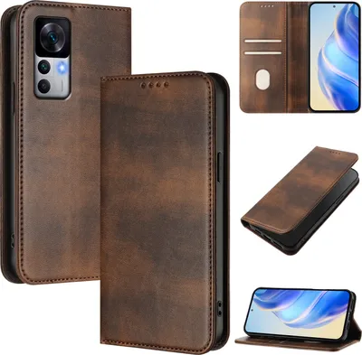 Produktbild von Handyhülle für Xiaomi 12T / 12T Pro, Vintage Leder RFID Schutz Kartenfach Standfunktion Magnetische Klapphülle Braun