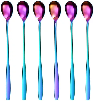 Produktbild von Latte Macchiato Löffel Set, 6-teilig, 19 cm - Lange Löffel für Cocktails & Desserts, Edelstahl poliert, spülmaschinengeeignet (Regenbogen)