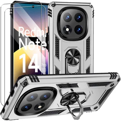 Image de Coque pour Xiaomi Redmi Note 14 Pro 5G (pas pour 4G) Protection Rigide Antichoc avec Anneau - Argenté + 2 Verres Trempés