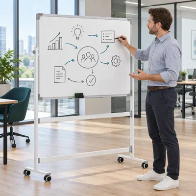 Zdjęcie produktu dla Tablica magnetyczna obrotowa, 120x90 cm, tablica magnetyczna mobilna, tablica suchościeralna na stojaku, biała | Obrotowa o 360° | 4 kółka z hamulcem | Metalowa konstrukcja