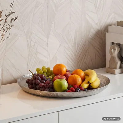 Produktbild von FineBuy Obstteller Silber Rund Schale Metall 50cm Tischdeko Moderner Obstkorb Obstschale aus Aluminium Elegante Dekoschale Alu Früchteschale Handmade, KI-generiertes Bild