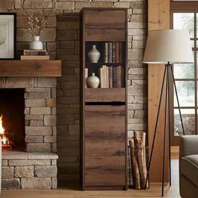 Produktbild von Vitrine Martin, Standvitrine für Wohnzimmer, Hochvitrine, Bücherregal (Farbe: Monastery Eiche / Schwarz Hochglanz)
