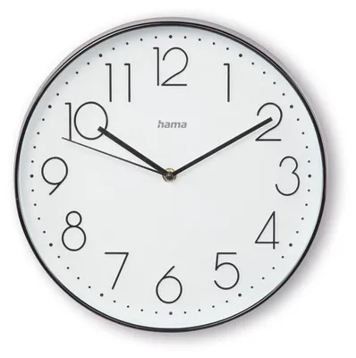 A white analog wall clock with black numbers and hands, and a black frame.