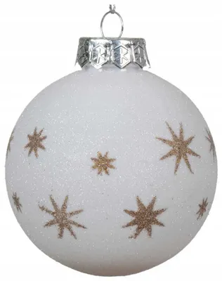 Imagen del producto de Adorno navideño esférico de 8 cm, blanco y brillante, con estrellas doradas